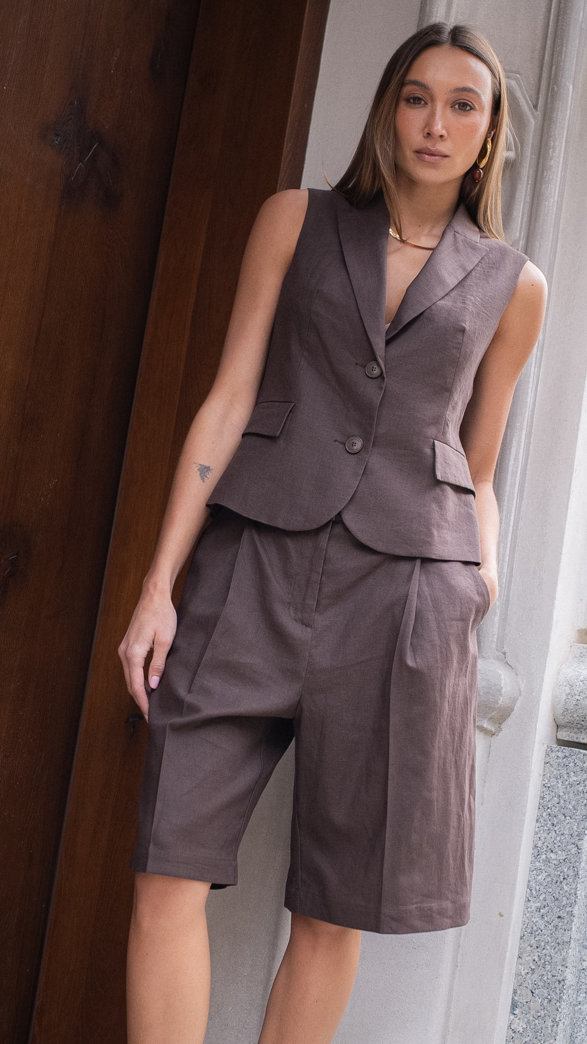 Project Runway Bermudy lniane mleczna czekolada - obrazek 3